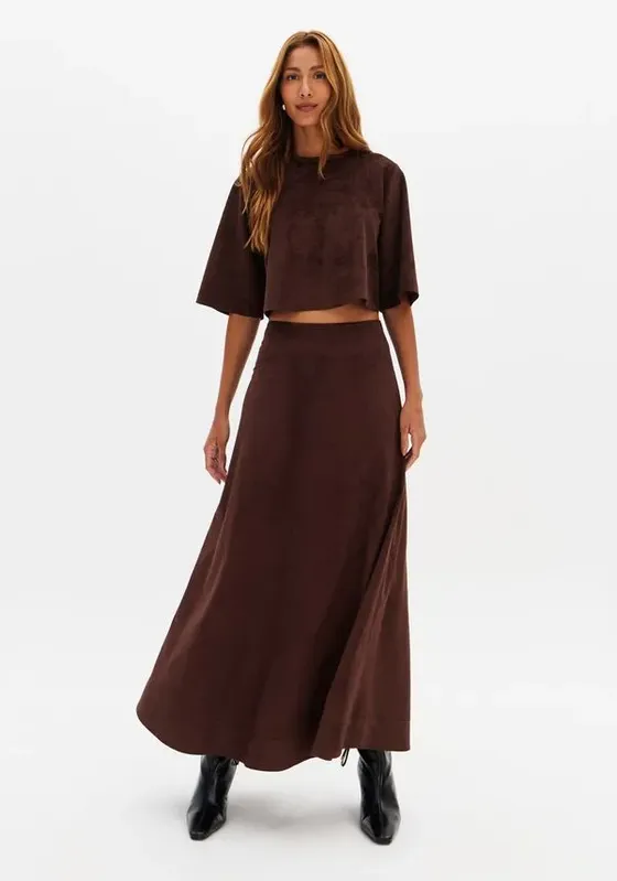 Saia Super Midi Lady Like De Suede Marrom GG