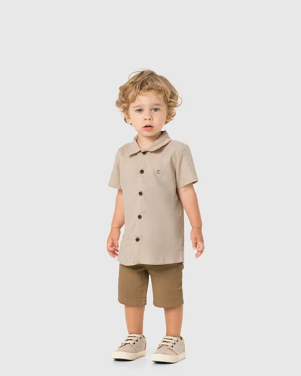 Conjunto Menino Camisa Tradicional Em Algodão Texturizado - Carinhoso Bege - 4