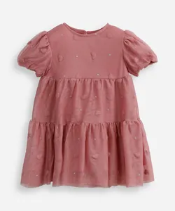 vestido infantil de tule com recorte e manga bufante - rosa escuro 3