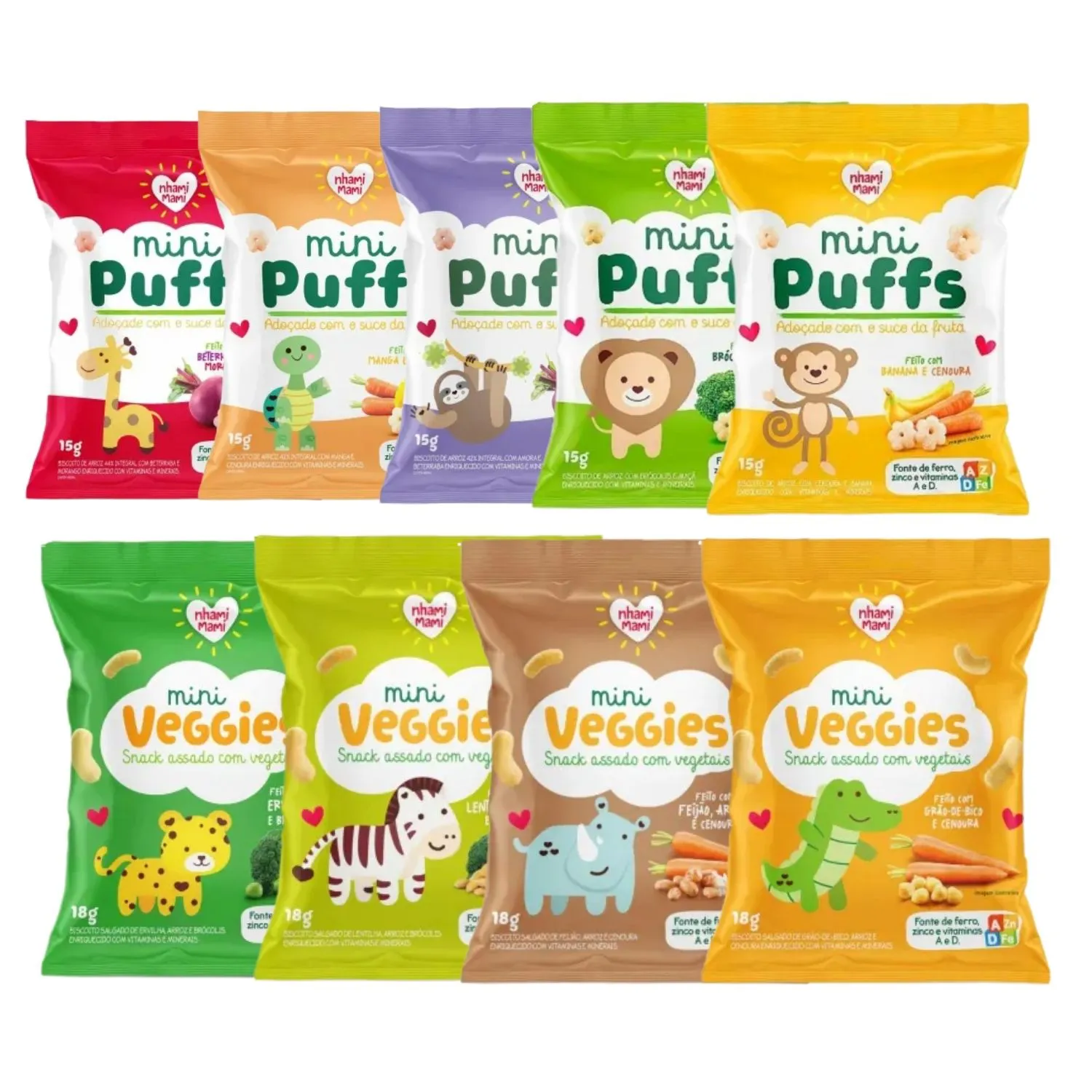 Kit Biscoito Infantil Mini Puffs &amp; Veggies Sabores Sortidos Nhami Mami - 9 Unidades 15g