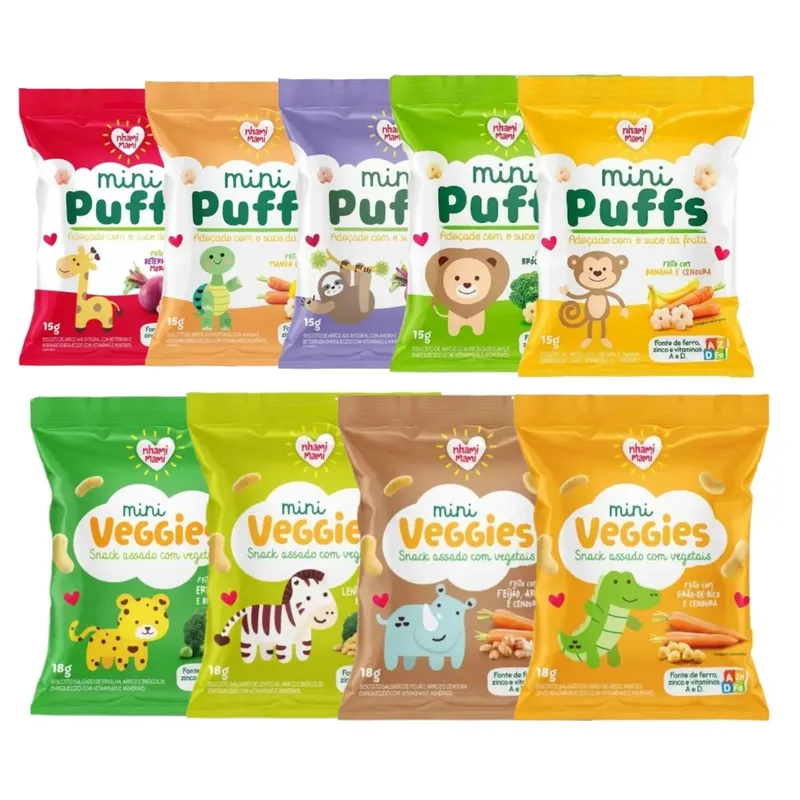 Kit Biscoito Infantil Mini Puffs &amp; Veggies Sabores Sortidos Nhami Mami - 9 Unidades 15g