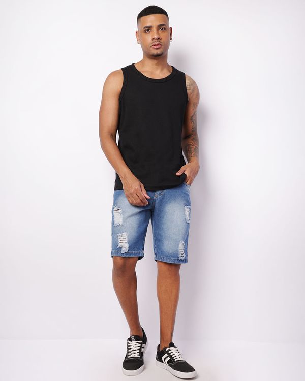 Bermuda Jeans Masculina Reta Destroyed Azul 44