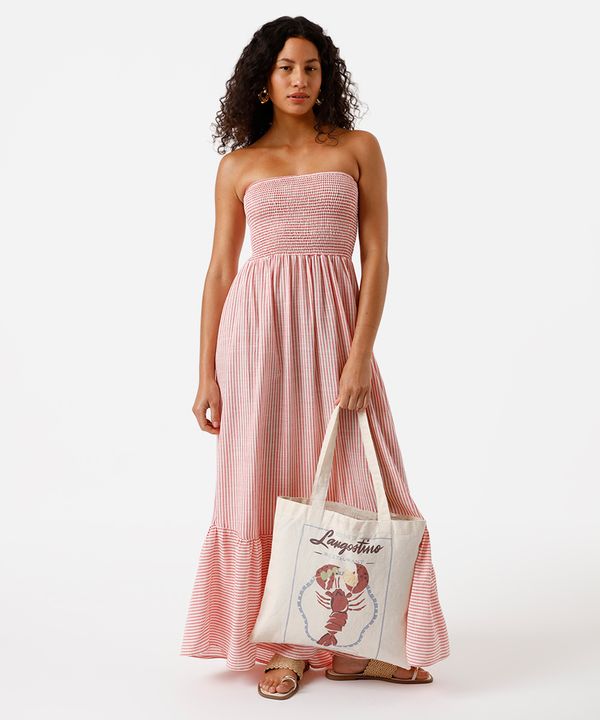 vestido longo sem alça feminino com viscose e recorte listrado vermelho G