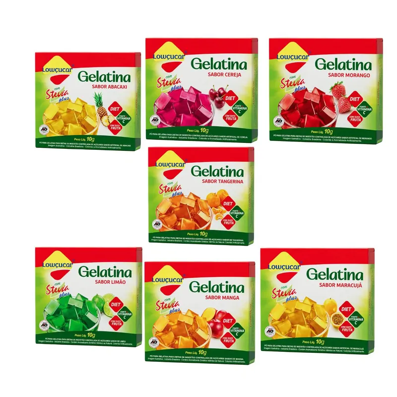 Kit Gelatina Sabores Sortidos Diet com Stevia - Lowçucar Plus 7 Unidades 10g