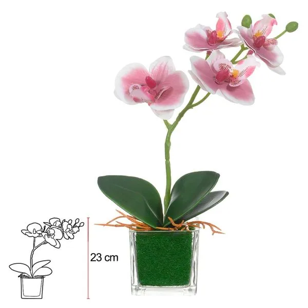 Orquídea Artificial Florarte Com Vaso De Vidro Branco e Beauty (MP)