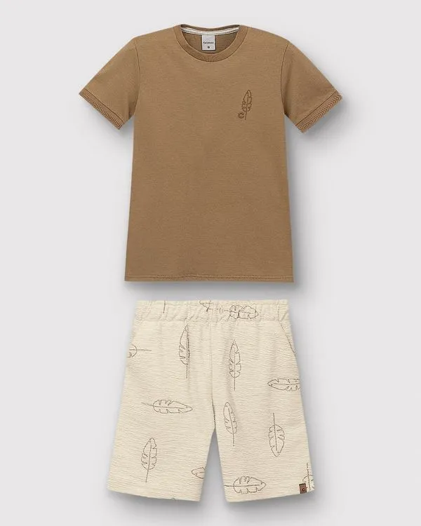Conjunto Menino Camiseta Bordado Peitoral Em Algodão - Carinhoso Marrom - 16