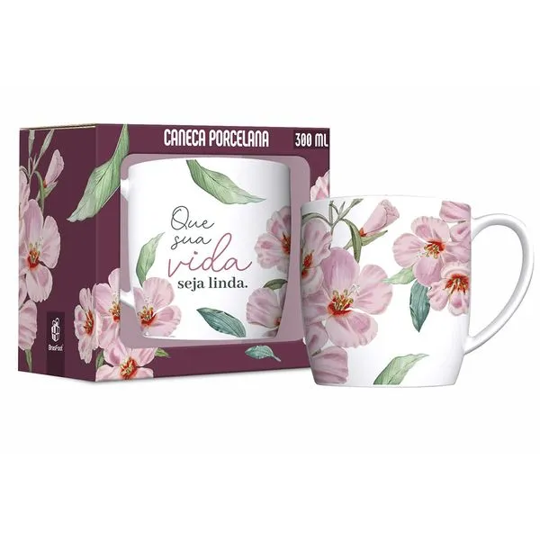 Caneca de Porcelana Urban 300ml Estampa Floral Que Sua Vida Seja Linda 15113 - Brasfoot
