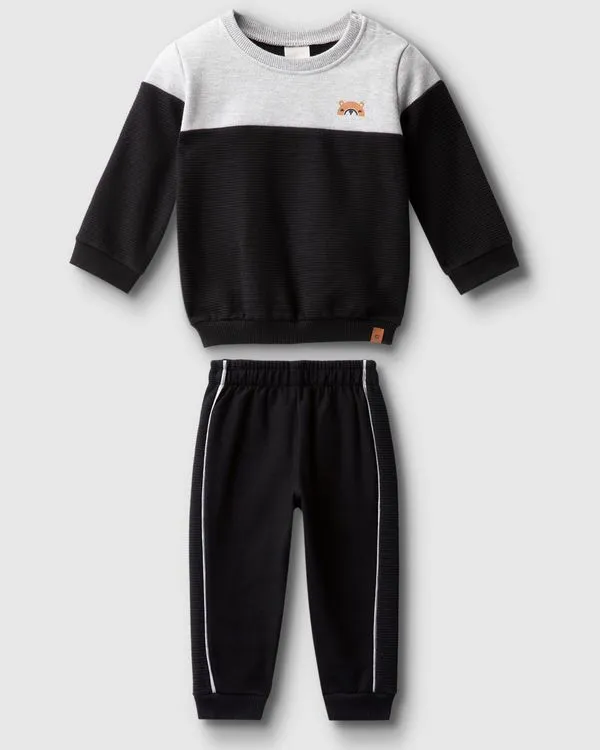 Conjunto Menino Blusão Bicolor Em Moletom Flanelado - Carinhoso Preto - M