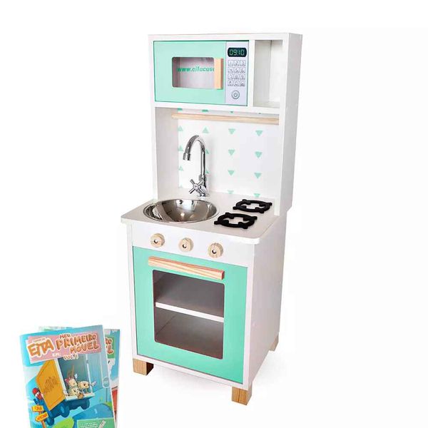 Kit Livro Mini Cozinha Infantil com Pia Fogão e Microondas Verde Claro