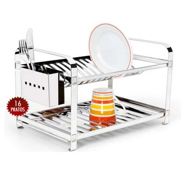 Escorredor de Louças 16 Pratos Com Porta Talheres Inox 29,5x27x42,5cm 8502M - Mak Inox