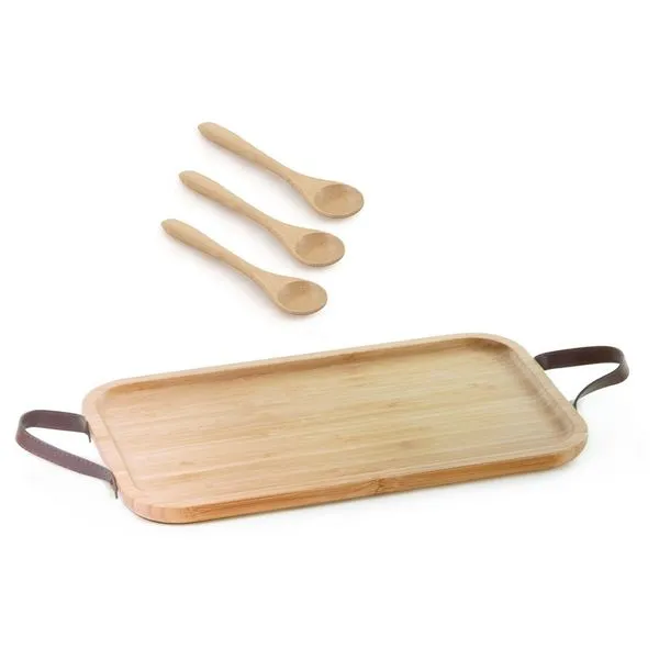 Bandeja de bambu com alça de couro 35cm e 3 colherinhas