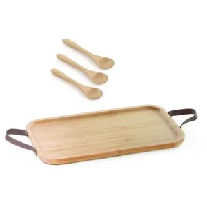 Bandeja de bambu com alça de couro 35cm e 3 colherinhas