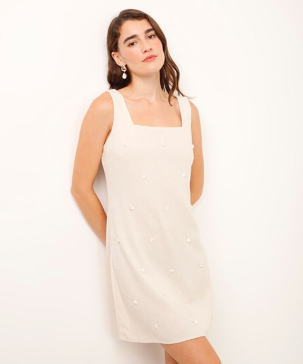 vestido curto com linho e bordados bege PP