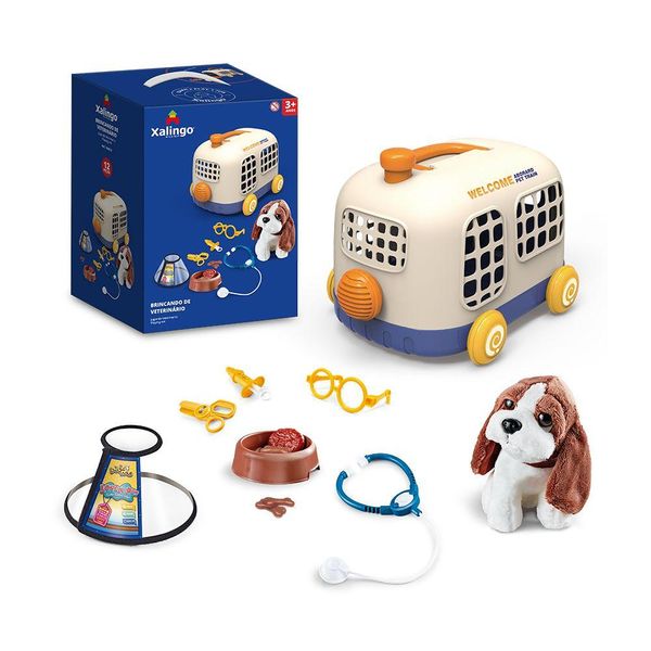 Brinquedo Infantil Brincando de Veterinário 12 Peças com Caixa Carrinho Azul Xalingo Brinquedos