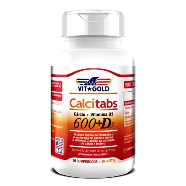 Calcitabs Vitgold Cálcio 600mg + Vitamina D3 90 Comprimidos