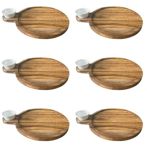 Kit 6 Petisqueira Teca 23cm Servir com Cabo e Ramekin 30ml Tábua Aperitivo Queijos