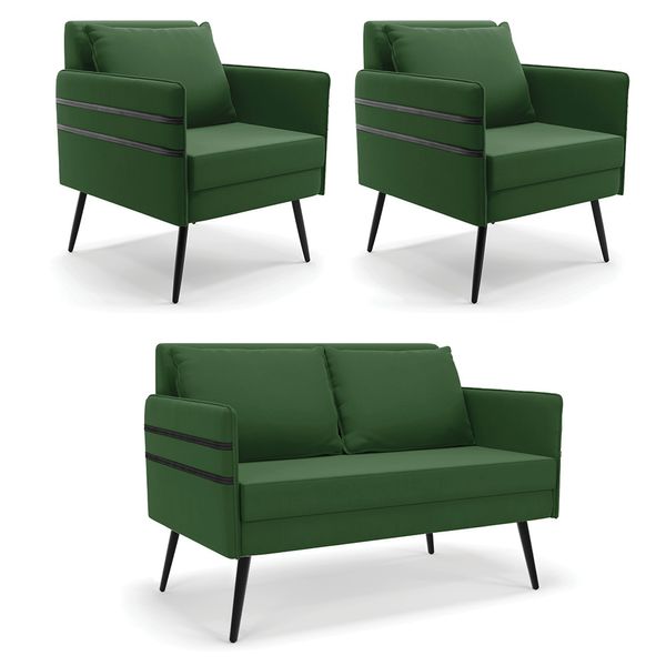 Kit 01 Namoradeira 02 Lugares e 02 Poltronas Mari Suede Verde Pés Palito de Ferro - D'Rossi