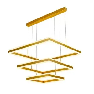 Pendente Dcd03048 com 3 Quadrados 40x40 60x60 80x80 228W 3000K Autovolt Dourado Casa Chafariz Pendente Dcd03048 3 Quadrados 228W 3000K Luz Direta e Indireta Dourado Casa Chafariz
