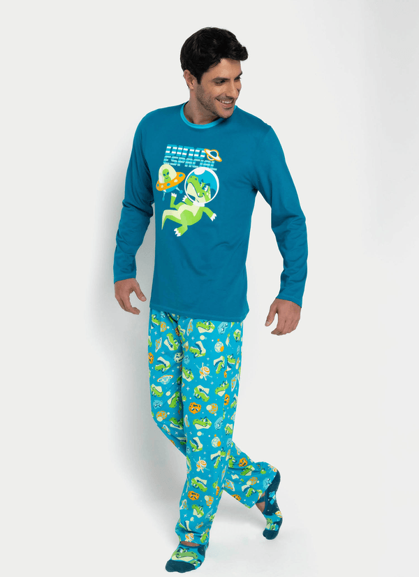 Pijama Manga Longa Algodão Masculino Dino Astronauta P