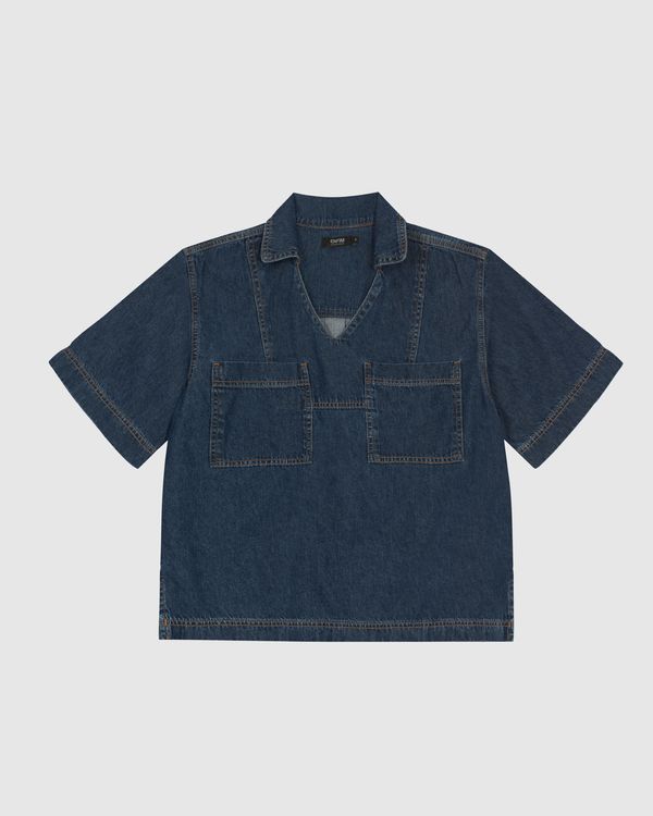 Blusa Ampla Feminina Gola V Bolso Frontal Em Jeans Leve - ENFIM Azul - GG