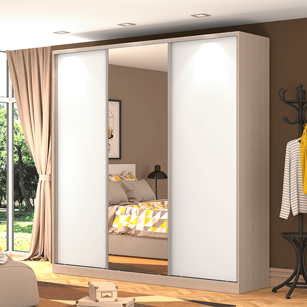 Guarda-roupa em MDF, 3 Portas, 12 Prateleiras, 3 Portas, Espelho Externo - RC3003 Noce / Branco