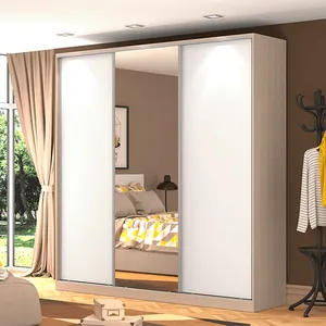 Guarda-roupa em MDF, 3 Portas, 12 Prateleiras, 3 Portas, Espelho Externo - RC3003 Noce / Branco