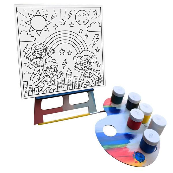 Kit Atêlie de Pintura super heróis com cavalete pincel e tinta guache