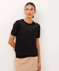 blusa de tricot manga curta com pérolas preta G