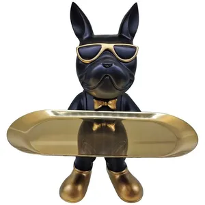 Estatueta Cachorro de Óculos Vertical Com Bandeja Resina Aço Inox Preto E Dourado 19x17,5x28cm LM2855 - honeyhome