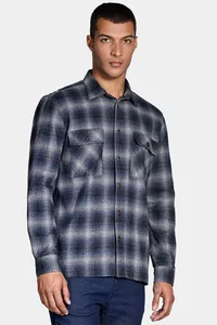 Camisa Manga Longa Regular Overshirt Winter Cotton Xadrez Cinza/Azul Jeans - XGG