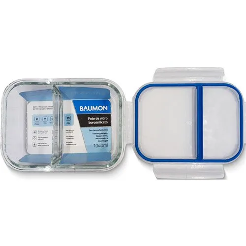 Pote Hermético de Vidro Retangular Marmita 1040ml Baumon 2 Divisórias Tampa Plástica R195-2FULL