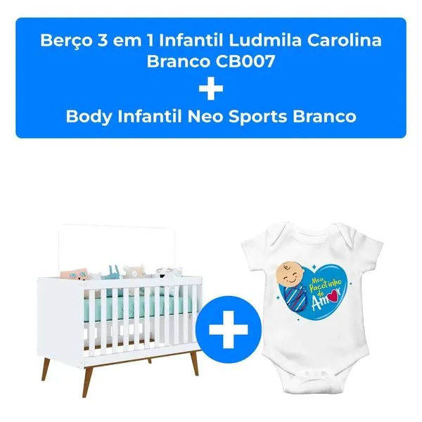 Kit Berço Mini Cama Carolina Ludmila Branco CB007 + Body Infantil Neo Sports Branco
