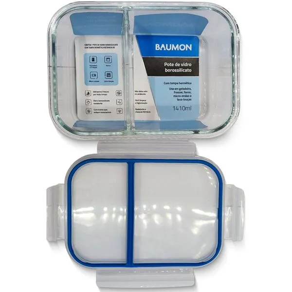 Pote Hermético de Vidro Retangular 1410ml Baumon 2 Divisórias Tampa Plástica R220-2FULL