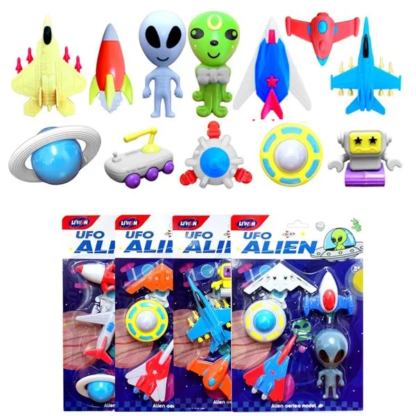 Kit Espacial 20 Brinquedos 4 Aliens Bonecos ET com Naves Acessórios e Planeta Ovnis