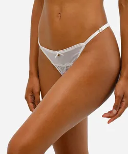calcinha fio dental de tule com renda off white GG