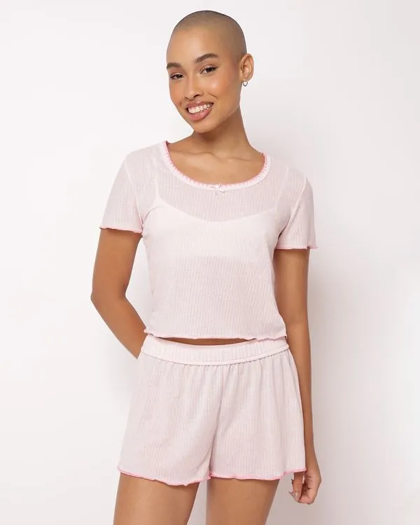 Pijama Feminino Curto Cropped Canelado Rosa GG