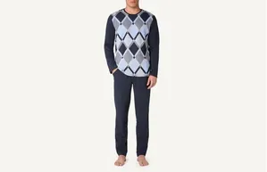Pijama Comprido Com Estampa De Losangos - Azul P