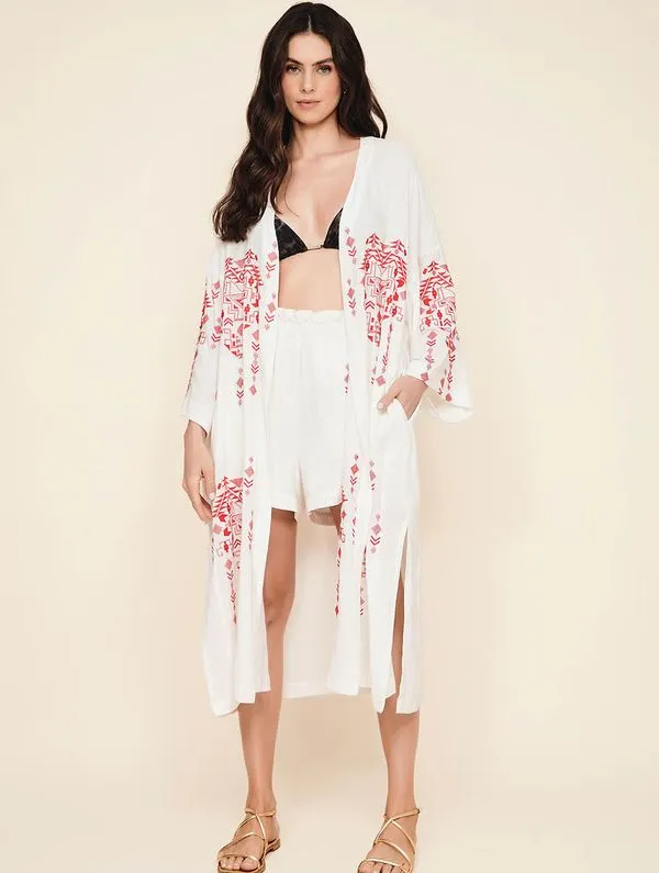 Kimono Bordado Em Linho Raja BRANCO G