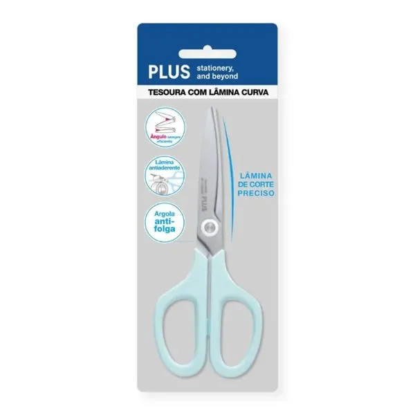 Tesoura Com Lâmina Curva Antiaderente 15,5cm Plus Pentel Azul Pastel