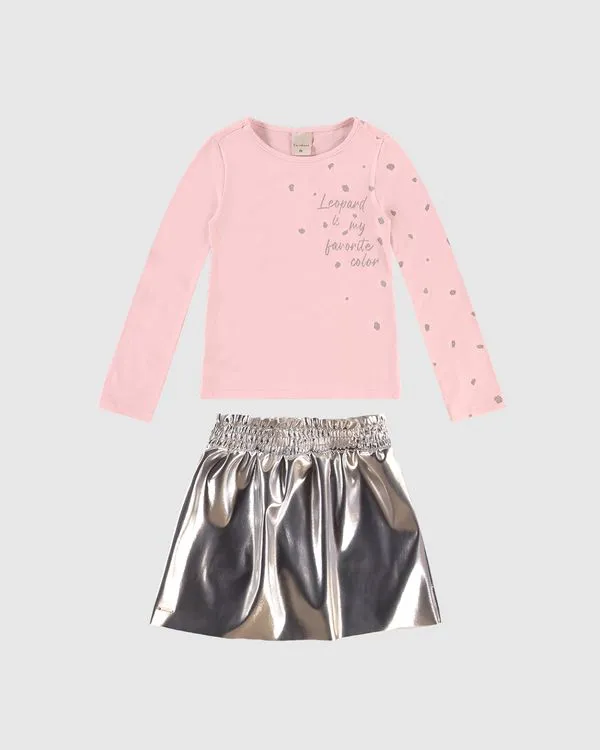 Conjunto Menina Shorts Saia Cós Elástico Em Corino - Carinhoso Rosa - 6