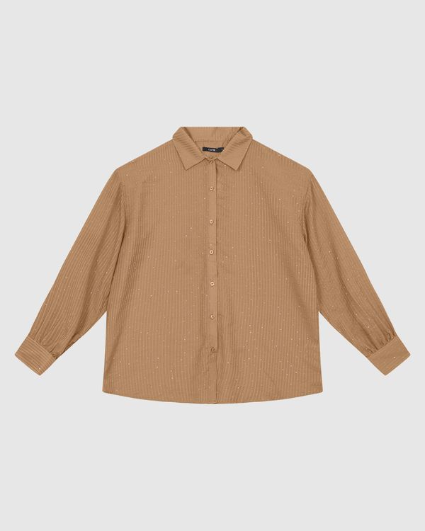 Camisa Ampla Feminina Aplique Strass Em Tecido Listrado Brilho - ENFIM Marrom - G