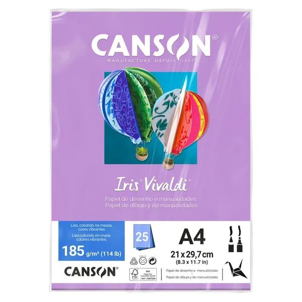 Papel para Desenho e Manualidades Canson Iris Vivaldi 185G-M2 Formato A4 Pacote com 25 Folhas Lilás Papel para Desenho e Manualidades Canson Iris Vivaldi 185G-M² A4 com 25 Folhas Lilás