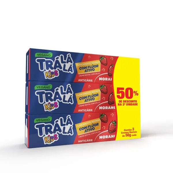 Creme Dental Trá Lá Lá Kids com Flúor Morango 3 unidades de 50g cada
