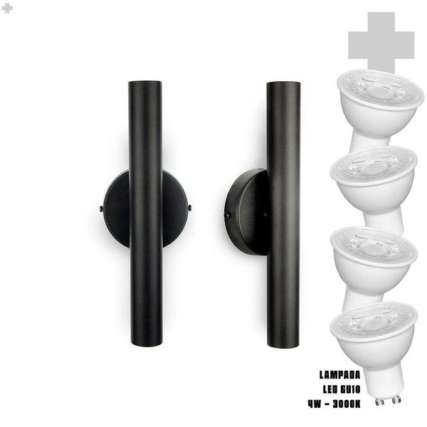 Kit 2 Arandela Foco Duplo Slim Palito - Preto + Led Gu10