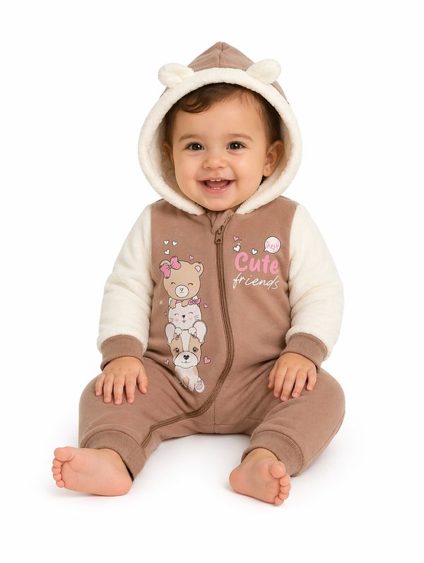 Macacão Moletom Fleece Infantil Para Bebê- MARROM G
