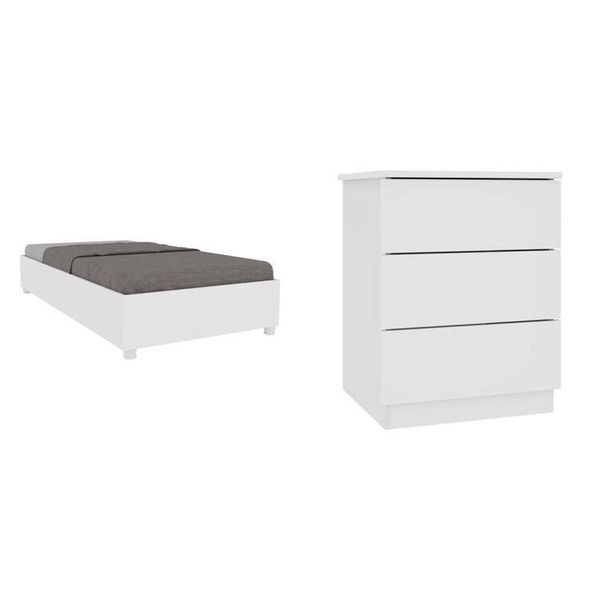 Cama Box Solteiro Mônaco e Mesa de Cabeceira Veronna Neve