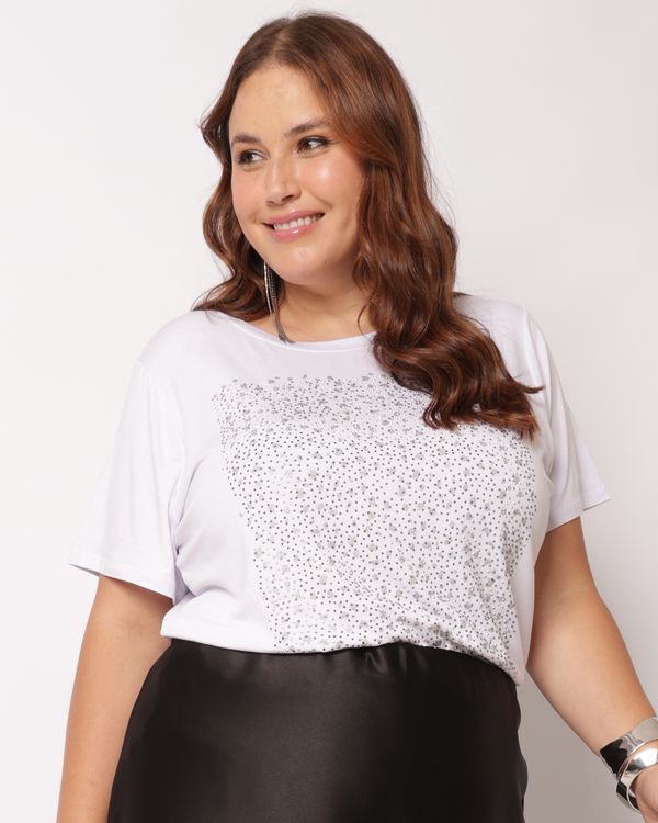 Blusa Feminina Plus Size Estampada com Strass Branco G3