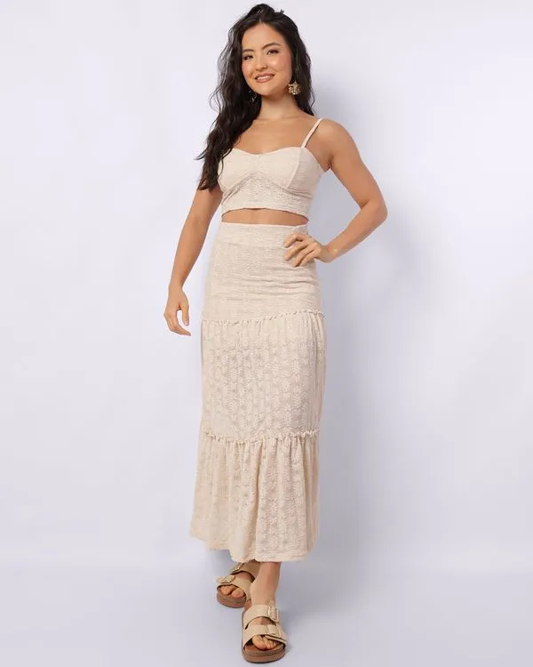 Saia Feminina Midi Três Marias De Renda Bege M