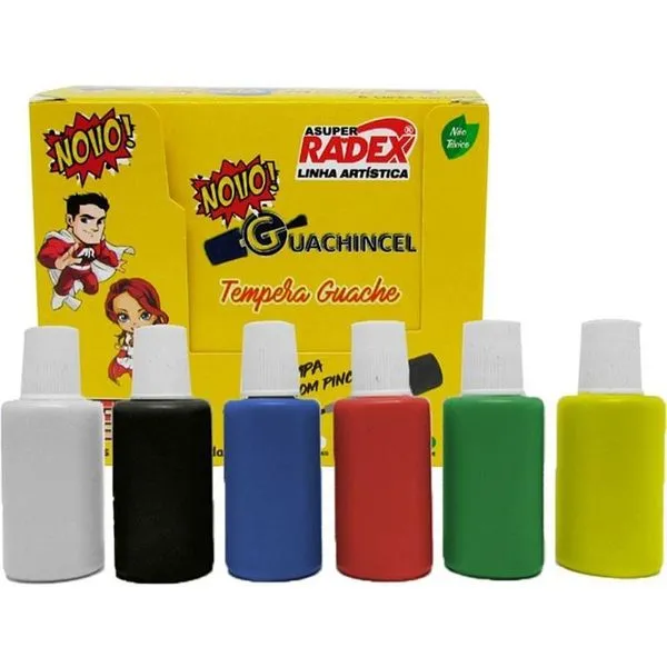 Tinta Guache Escolar Radex com Pincel Integrado 18ML Kit 6 Cores Vibrantes Tinta Guache Escolar Radex com Pincel 18ML Kit 6 Cores
