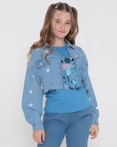 Jaqueta Jeans Cropped Juvenil Estrela Azul Claro 16